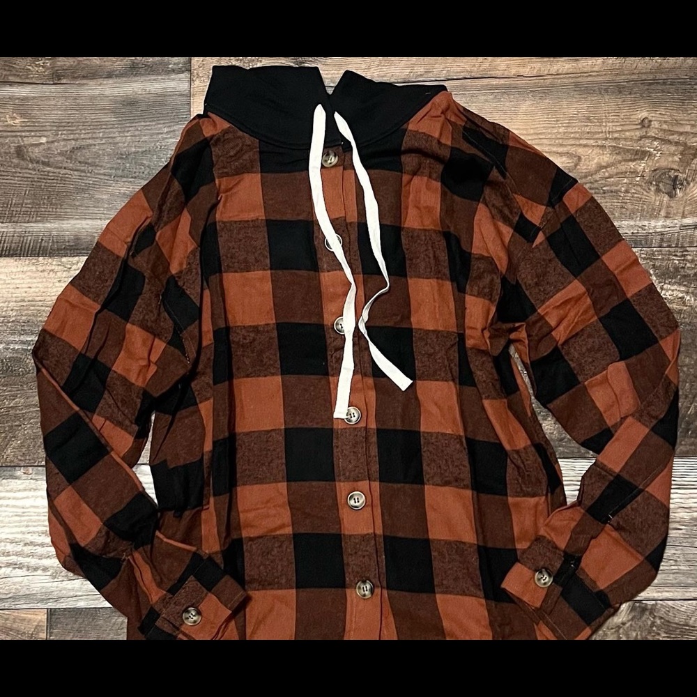 Rust orange and black Plaid Hooded Shacket